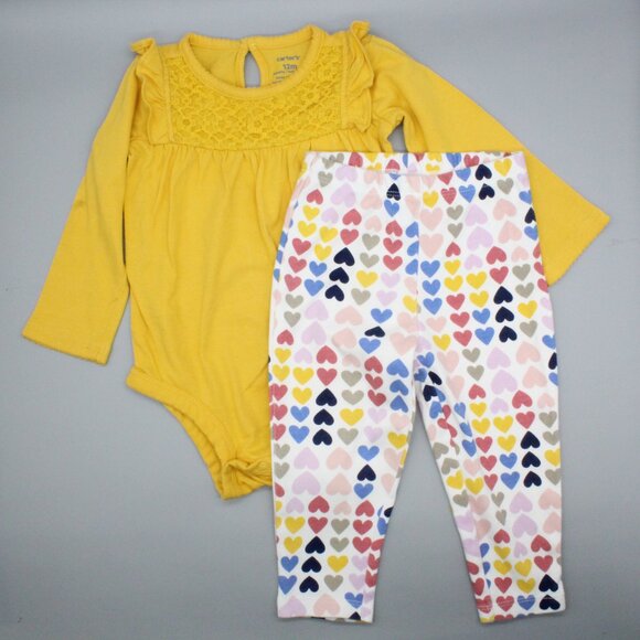 Carter’s 2-Piece Baby Outfit | Size 12 M | Mustard & Multicolor Hearts - Picture 1 of 5